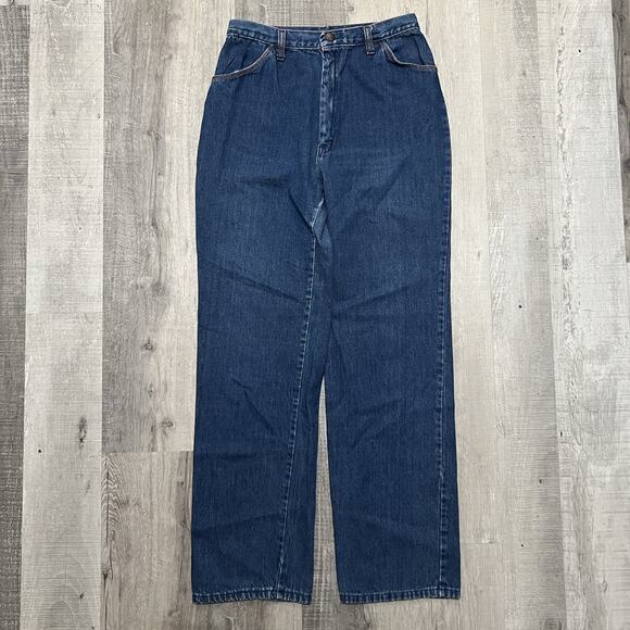 VTG 70s/80s Women's Dark Wash Straight Leg Denim Snap Western USA Jeans 15/16 - Picture 1 of 6
